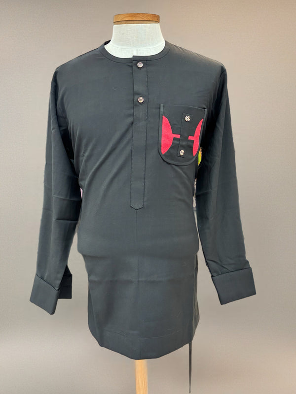 African Mens Black & Red Long Sleeve Dashiki 2 Set