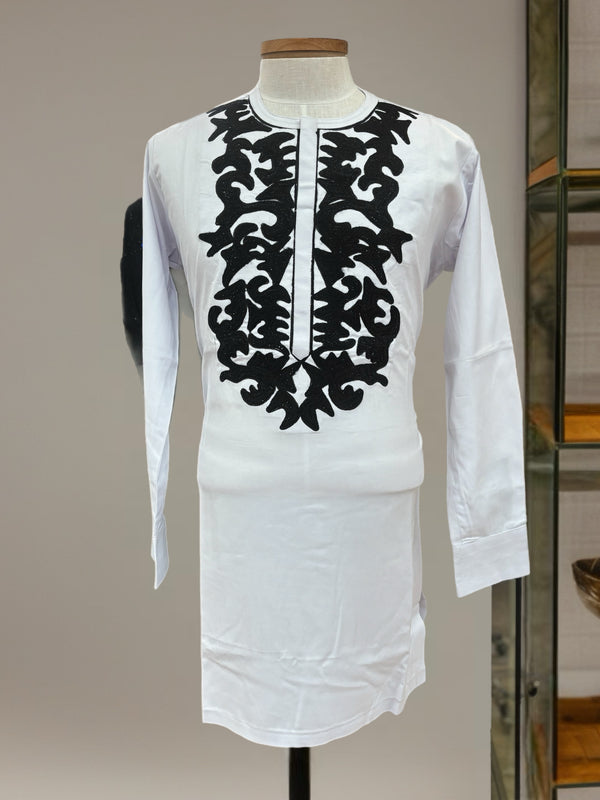 African Mens White & Black Long Sleeve Dashiki 2 Set