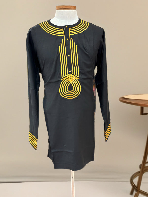 African Mens Black & Gold Long Sleeve Dashiki 2 Set
