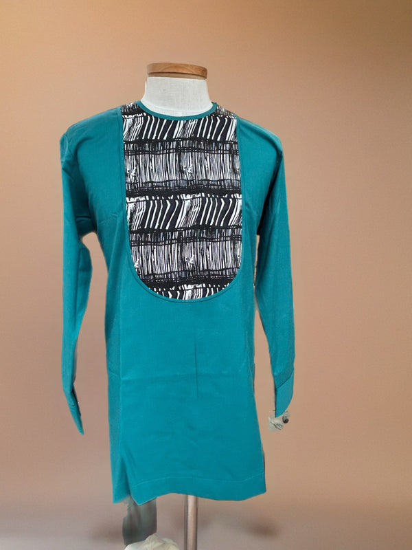 African Mens Cyan Blue Long Sleeve Dashiki 2 Set