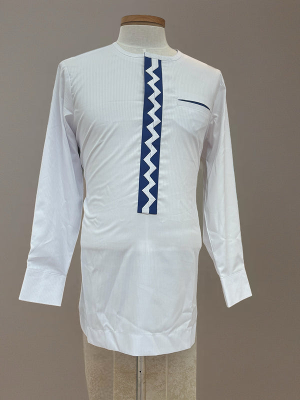 African Men's White & Blue Long Sleeve Dashiki 2 Set