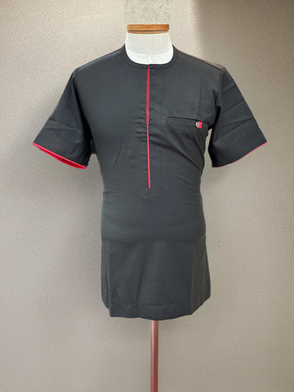 African Mens Red & Black Short Sleeve Dashiki 2 Set