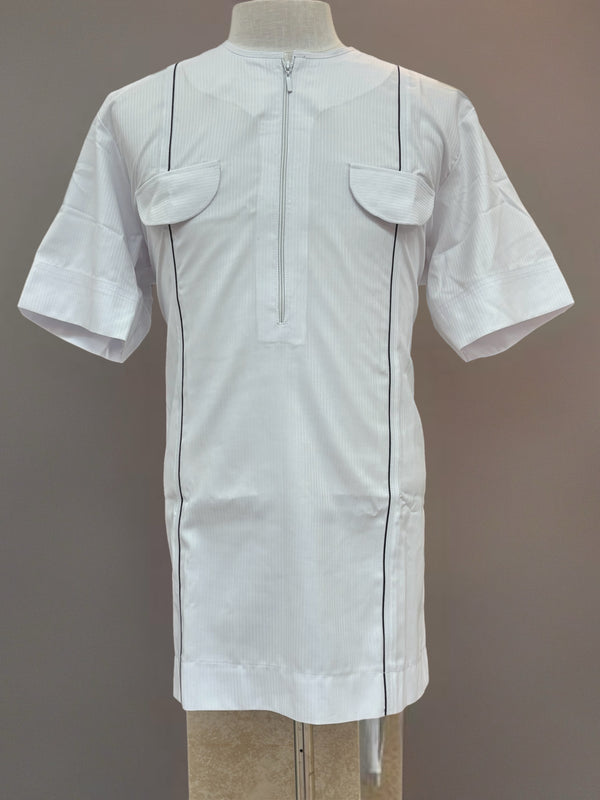 African Mens White With Black Lines Short Sleeve Dashiki 2 Set
