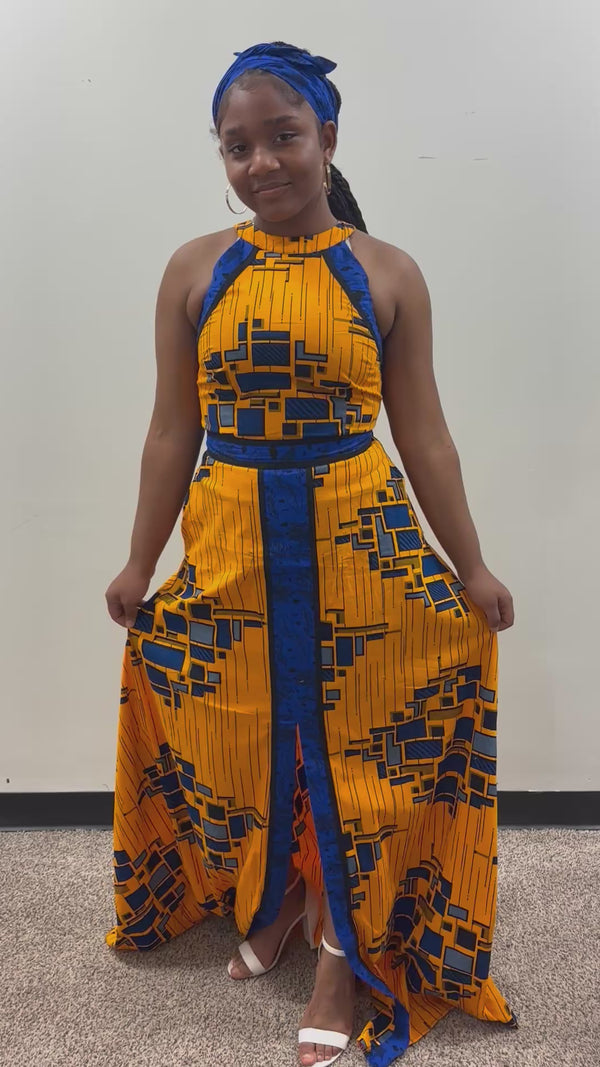 Precious Elegant Blue and Yellow Dress with Pockets